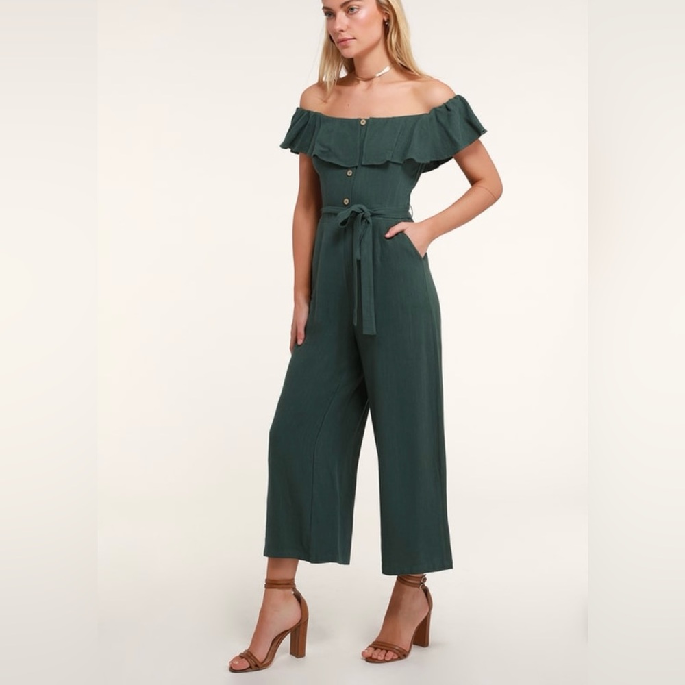 Lulus dark green off the shoulder jumpsuit.